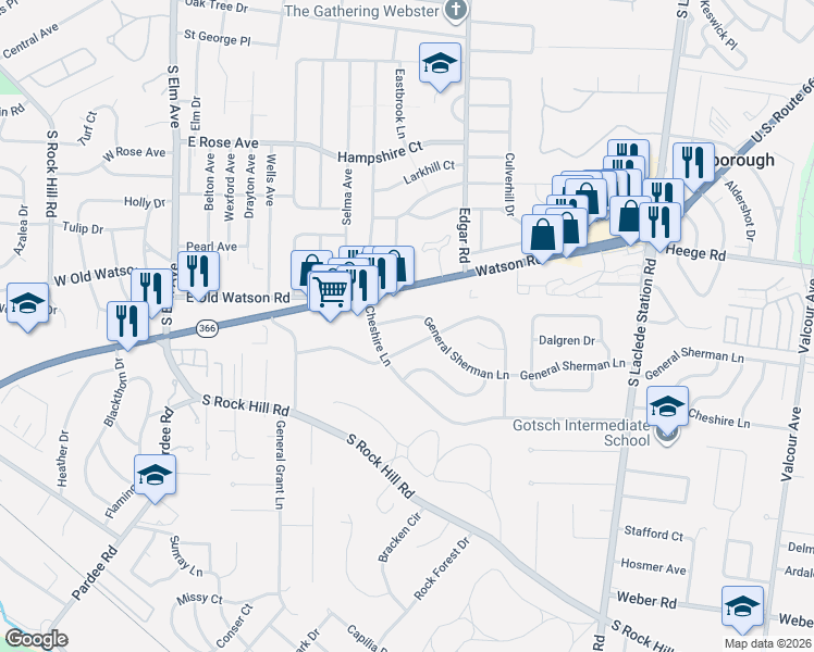 map of restaurants, bars, coffee shops, grocery stores, and more near 7724 General Sherman Lane in Affton