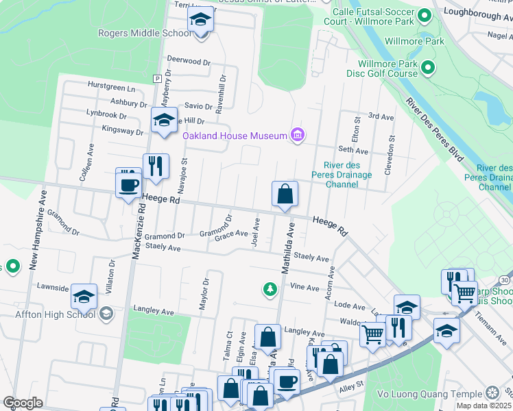 map of restaurants, bars, coffee shops, grocery stores, and more near 7932 Joel Avenue in St. Louis