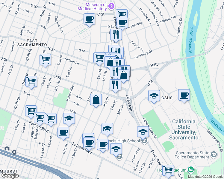 map of restaurants, bars, coffee shops, grocery stores, and more near 922 57th Street in Sacramento