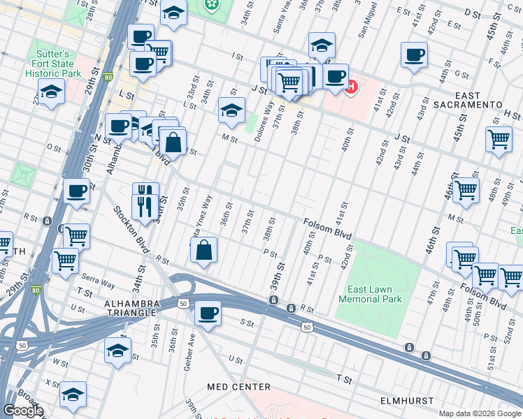 map of restaurants, bars, coffee shops, grocery stores, and more near 1508 38th Street in Sacramento