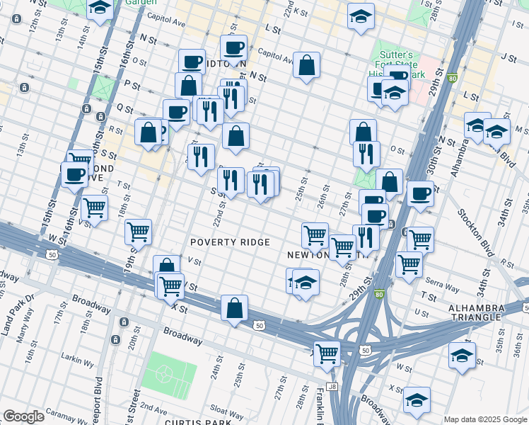 map of restaurants, bars, coffee shops, grocery stores, and more near 1910 24th Street in Sacramento