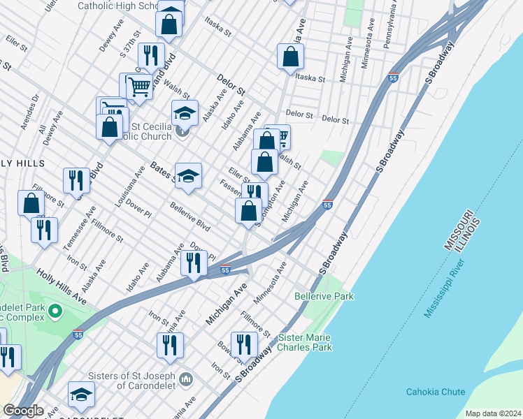 map of restaurants, bars, coffee shops, grocery stores, and more near 5500 Virginia Avenue in St. Louis