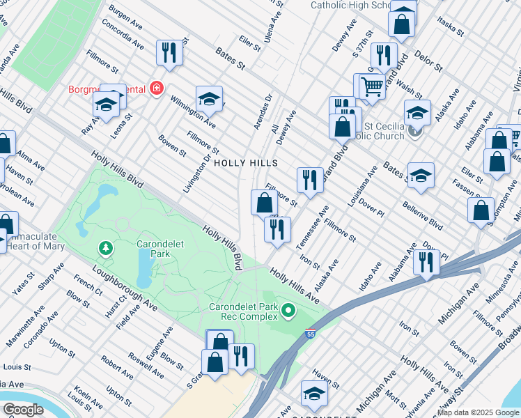 map of restaurants, bars, coffee shops, grocery stores, and more near 3648 Bowen Street in St. Louis
