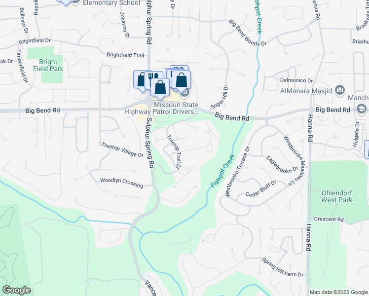 map of restaurants, bars, coffee shops, grocery stores, and more near 708 Windy Ridge Drive in Ballwin