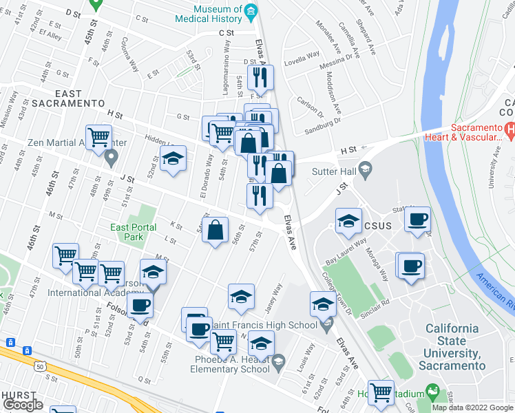 map of restaurants, bars, coffee shops, grocery stores, and more near 922 57th Street in Sacramento