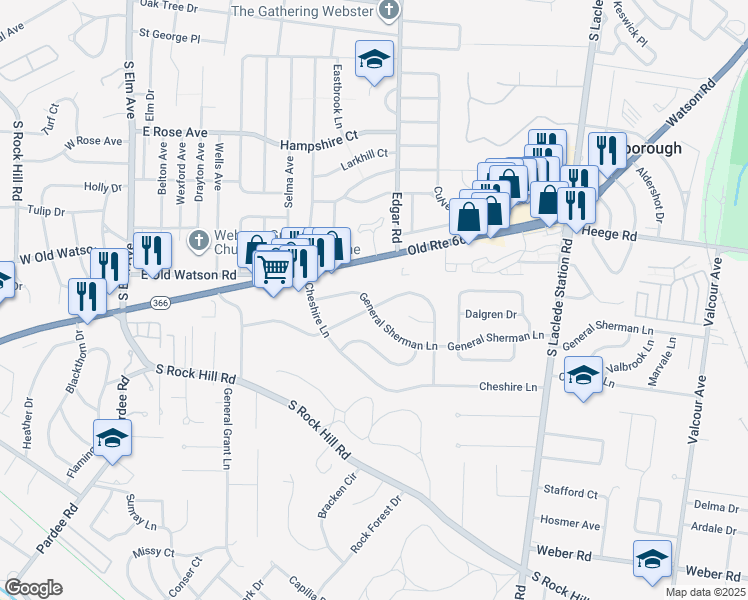 map of restaurants, bars, coffee shops, grocery stores, and more near 7646 General Sheridan Lane in Affton