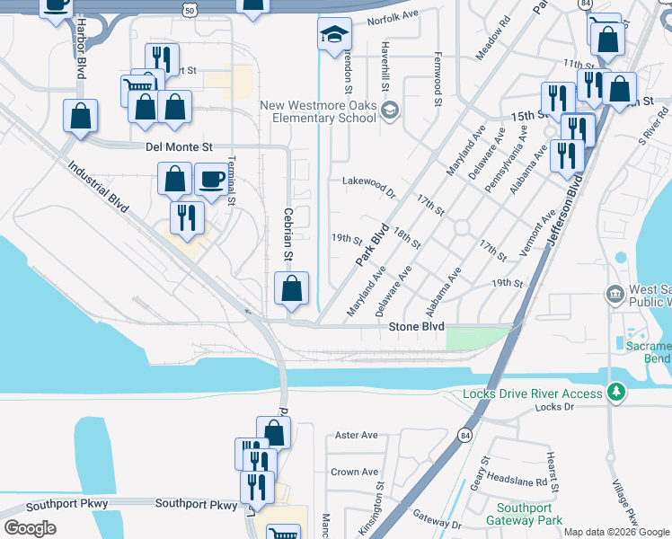 map of restaurants, bars, coffee shops, grocery stores, and more near 1928 Park Boulevard in West Sacramento