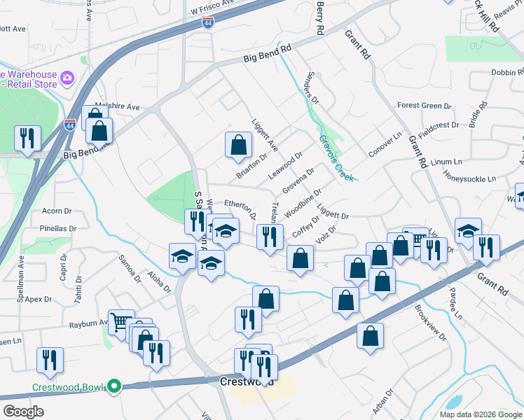 map of restaurants, bars, coffee shops, grocery stores, and more near 1082 Etherton Drive in St. Louis