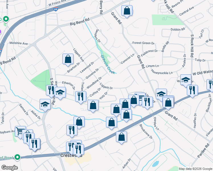 map of restaurants, bars, coffee shops, grocery stores, and more near 1300 Liggett Drive in St. Louis