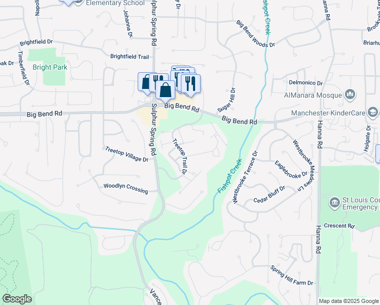 map of restaurants, bars, coffee shops, grocery stores, and more near 708 Windy Ridge Drive in Ballwin