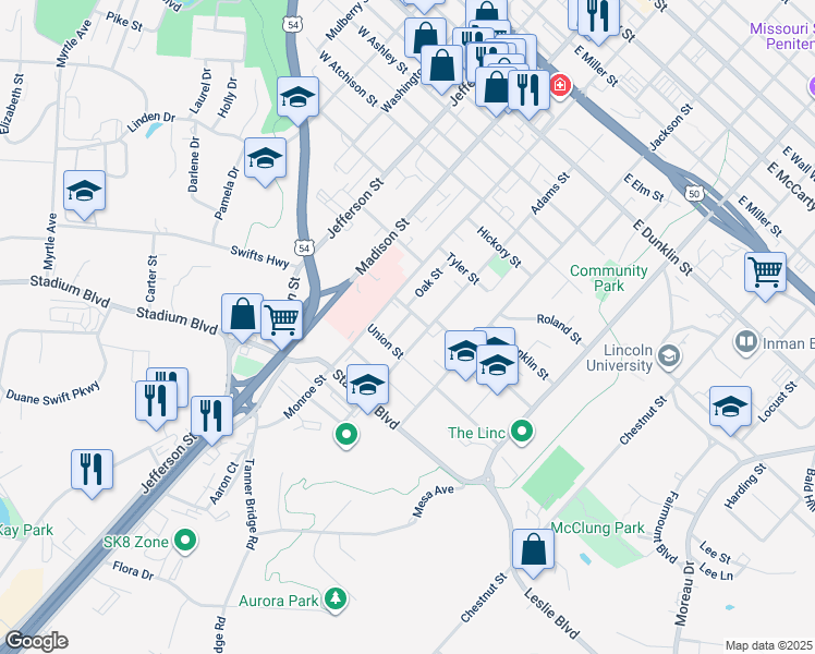map of restaurants, bars, coffee shops, grocery stores, and more near 1106 Adams Street in Jefferson City