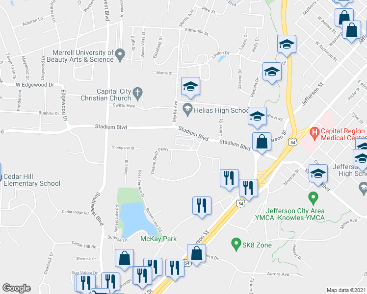 map of restaurants, bars, coffee shops, grocery stores, and more near 1208 Duane Swift Parkway in Jefferson City