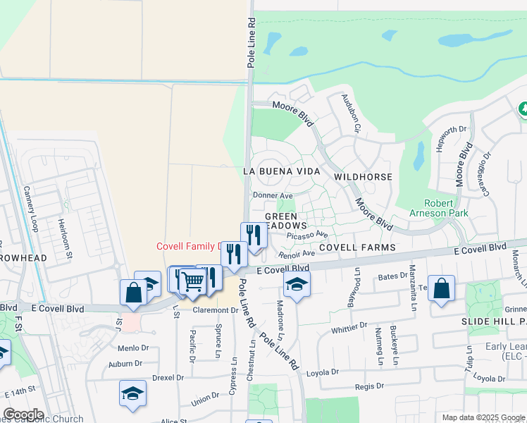 map of restaurants, bars, coffee shops, grocery stores, and more near 2400 Donner Avenue in Davis