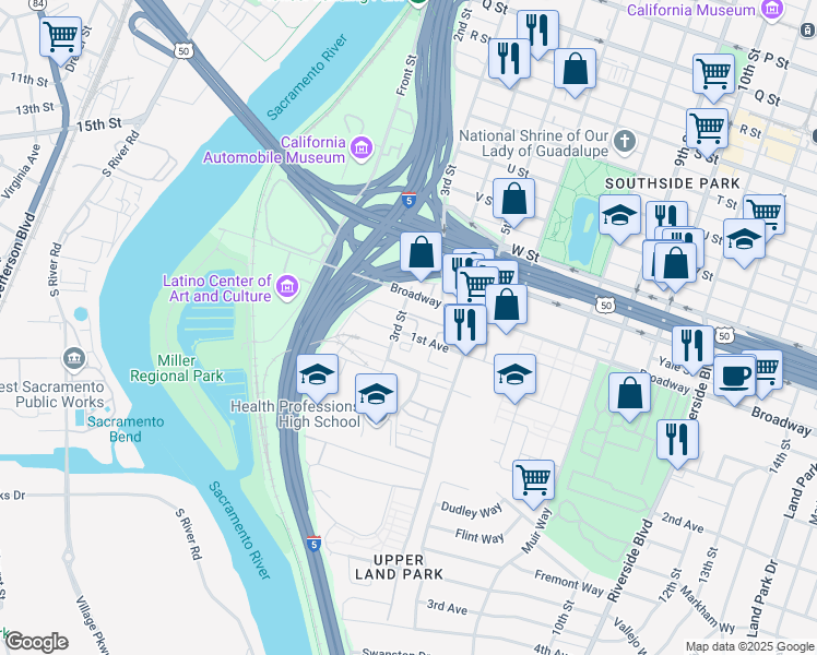 map of restaurants, bars, coffee shops, grocery stores, and more near 306 1st Avenue in Sacramento