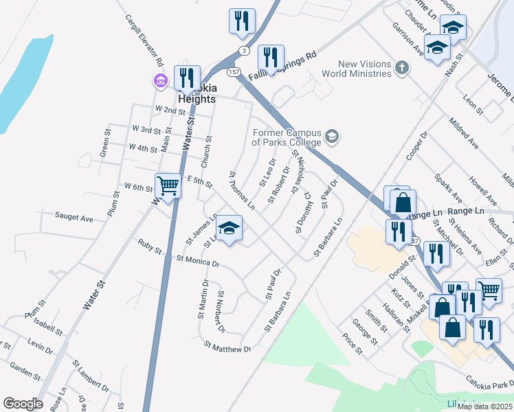 map of restaurants, bars, coffee shops, grocery stores, and more near 603 Saint Thomas Lane in Cahokia