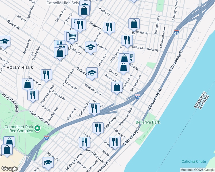 map of restaurants, bars, coffee shops, grocery stores, and more near 549 Bates Street in St. Louis