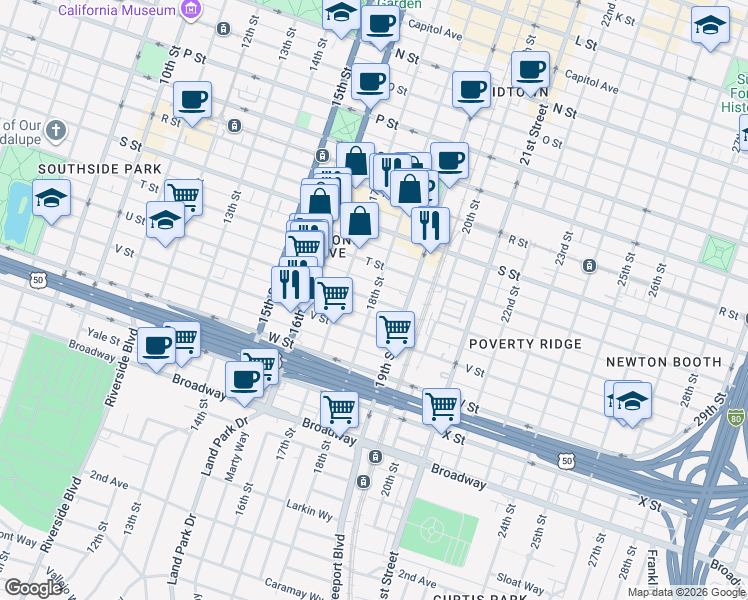 map of restaurants, bars, coffee shops, grocery stores, and more near U Street & 18th Street in Sacramento