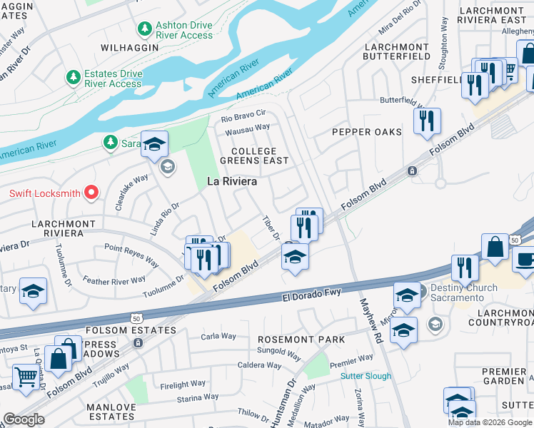 map of restaurants, bars, coffee shops, grocery stores, and more near 2813 Tiber Drive in Sacramento