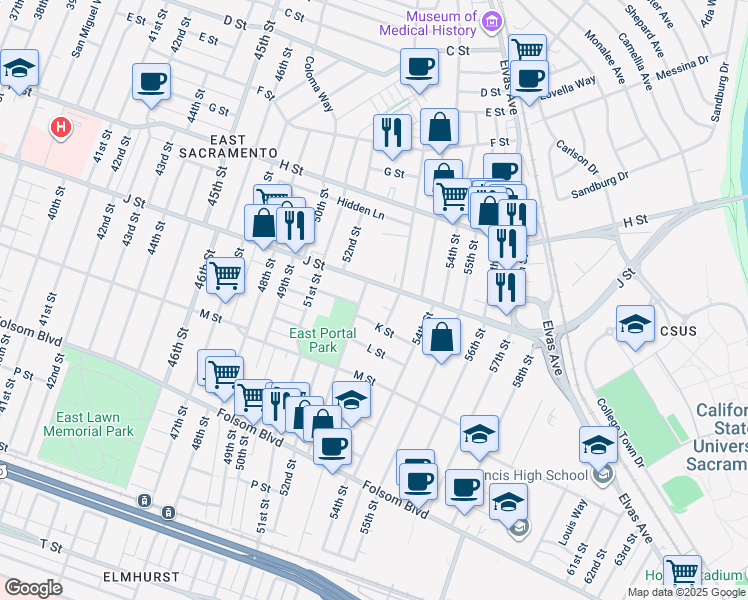 map of restaurants, bars, coffee shops, grocery stores, and more near 1065 Rodeo Way in Sacramento