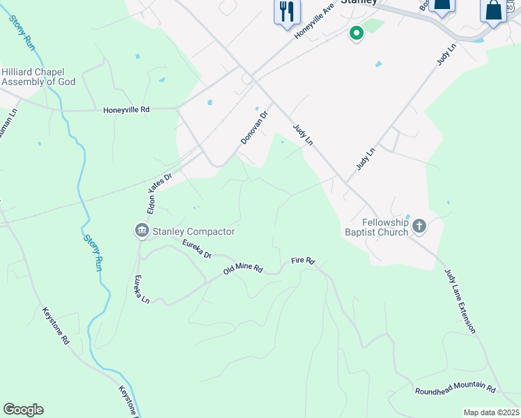 map of restaurants, bars, coffee shops, grocery stores, and more near Forrest Drive in Stanley
