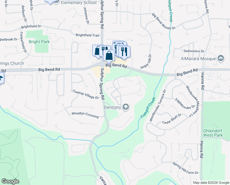 map of restaurants, bars, coffee shops, grocery stores, and more near 630 Sandy Summit Drive in Ballwin