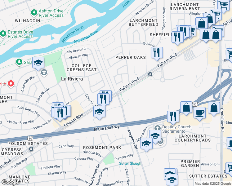 map of restaurants, bars, coffee shops, grocery stores, and more near 9307 Folsom Blvd in Sacramento