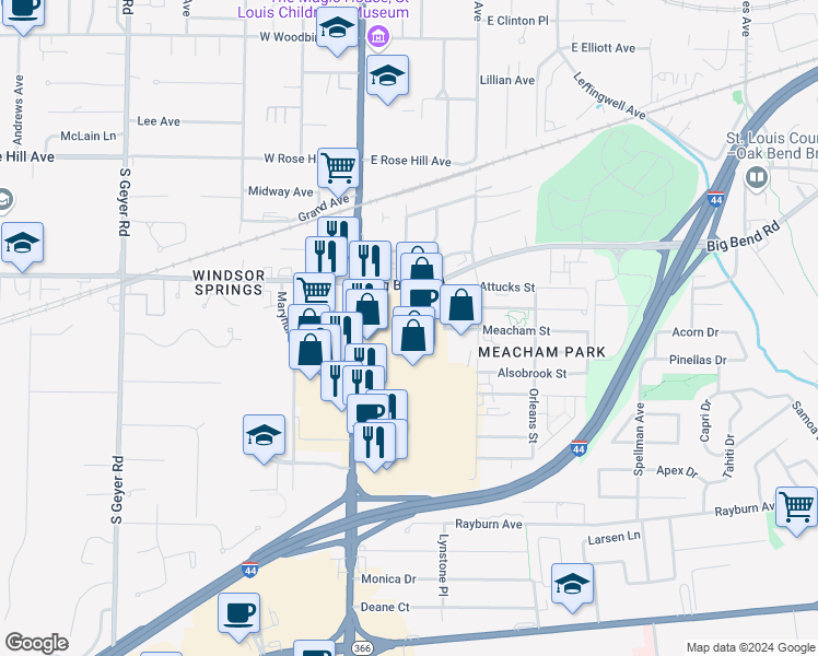 map of restaurants, bars, coffee shops, grocery stores, and more near 1042 South Kirkwood Road in Kirkwood