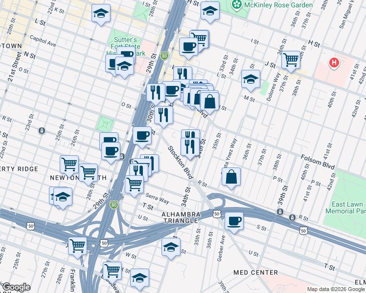 map of restaurants, bars, coffee shops, grocery stores, and more near 1625 32nd Street in Sacramento
