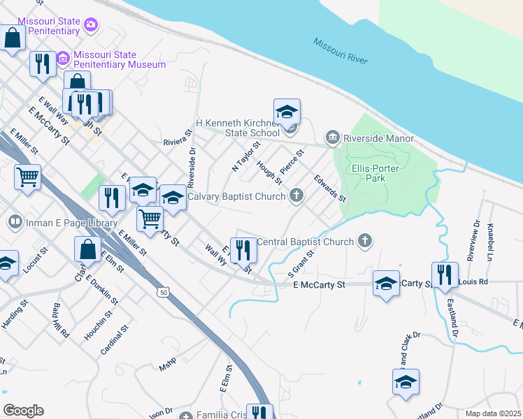map of restaurants, bars, coffee shops, grocery stores, and more near 1404 Karen Drive in Jefferson City