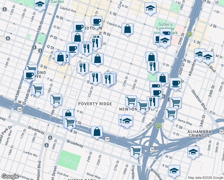 map of restaurants, bars, coffee shops, grocery stores, and more near 24th Street & S Street in Sacramento