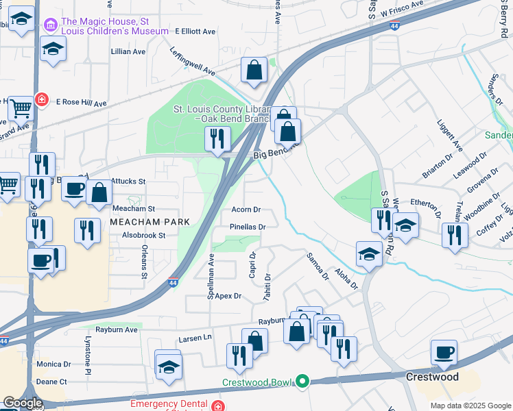 map of restaurants, bars, coffee shops, grocery stores, and more near 612 Acorn Drive in St. Louis