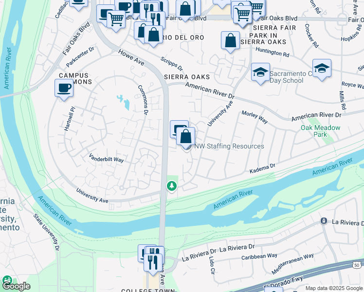 map of restaurants, bars, coffee shops, grocery stores, and more near 100 Howe Avenue in Sacramento