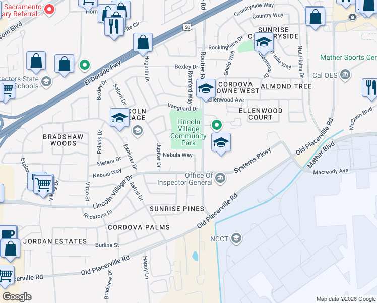 map of restaurants, bars, coffee shops, grocery stores, and more near 10085 Nebula Way in Sacramento