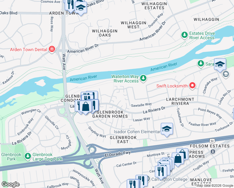 map of restaurants, bars, coffee shops, grocery stores, and more near 8716 Woodman Way in Sacramento
