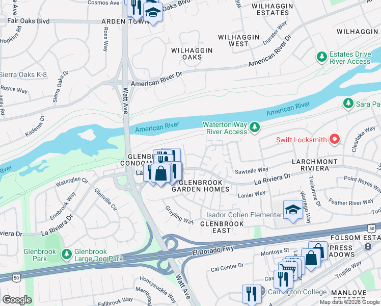 map of restaurants, bars, coffee shops, grocery stores, and more near 8705 Woodman Way in Sacramento