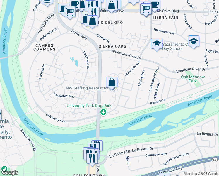 map of restaurants, bars, coffee shops, grocery stores, and more near 100 Howe Avenue in Sacramento