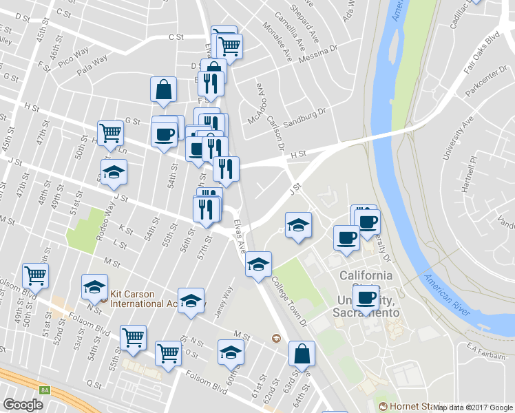 map of restaurants, bars, coffee shops, grocery stores, and more near 5820 Newman Court in Sacramento