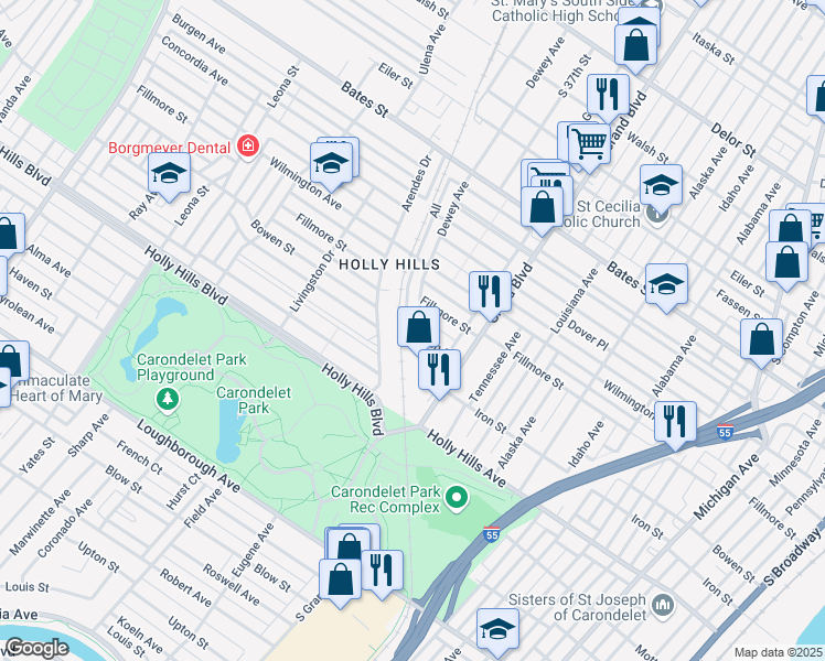 map of restaurants, bars, coffee shops, grocery stores, and more near 3648 Bowen Street in St. Louis