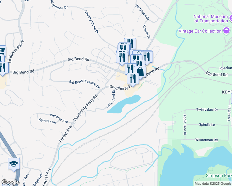 map of restaurants, bars, coffee shops, grocery stores, and more near 3380 Lake Bend Drive in Valley Park