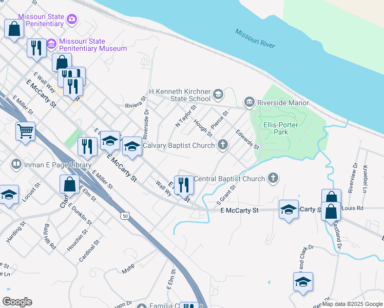 map of restaurants, bars, coffee shops, grocery stores, and more near 1400 Karen Drive in Jefferson City