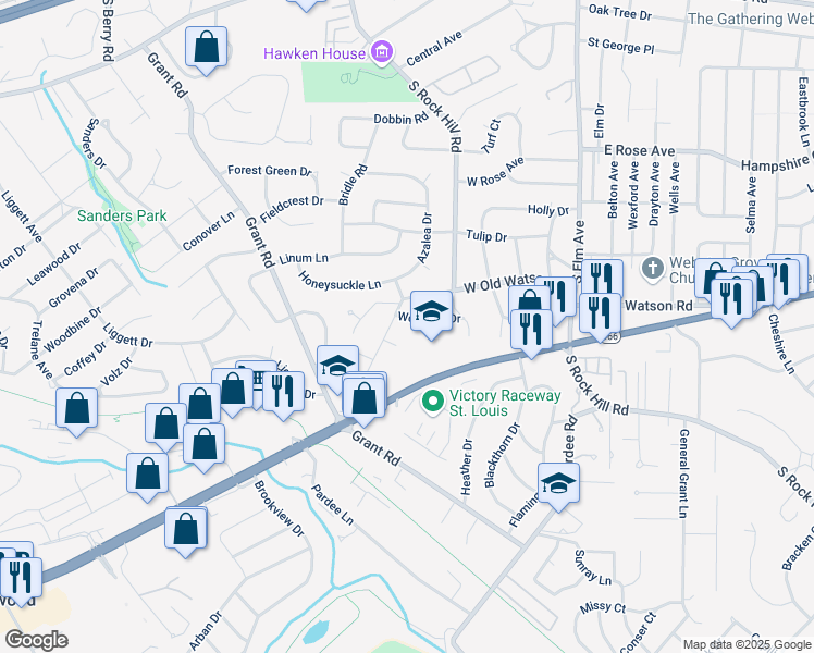 map of restaurants, bars, coffee shops, grocery stores, and more near 209 Watson Court in Webster Groves