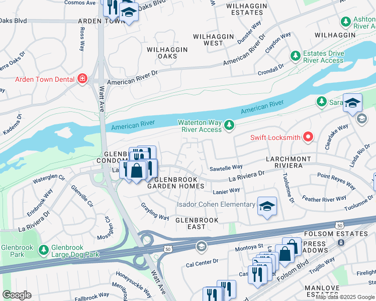 map of restaurants, bars, coffee shops, grocery stores, and more near 8740 Woodman Way in Sacramento