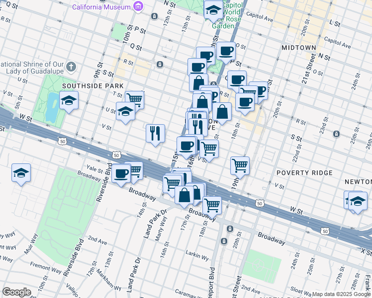 map of restaurants, bars, coffee shops, grocery stores, and more near 1515 V Street in Sacramento