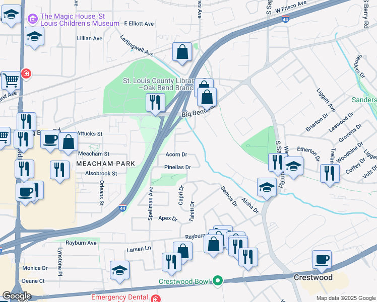 map of restaurants, bars, coffee shops, grocery stores, and more near 612 Acorn Drive in St. Louis