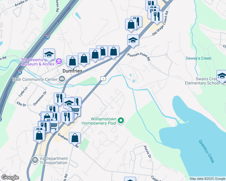 map of restaurants, bars, coffee shops, grocery stores, and more near 3651 Dahlgren Place in Dumfries