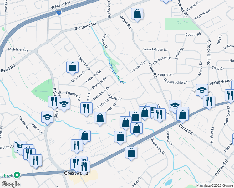 map of restaurants, bars, coffee shops, grocery stores, and more near 1300 Liggett Drive in St. Louis