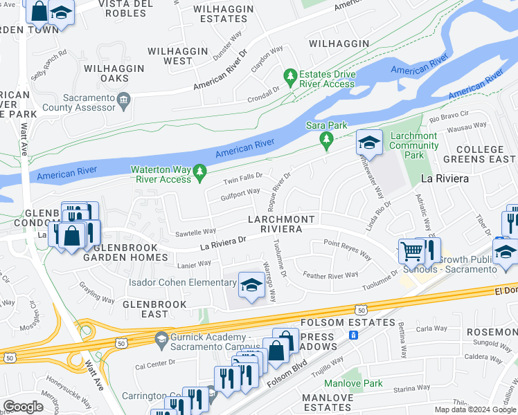 map of restaurants, bars, coffee shops, grocery stores, and more near 2559 Crenshaw Way in Sacramento