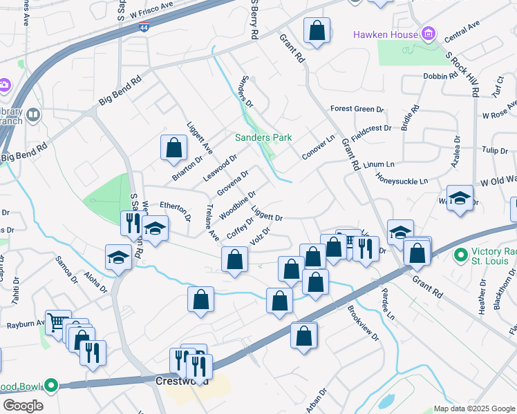 map of restaurants, bars, coffee shops, grocery stores, and more near 1300 Liggett Drive in St. Louis