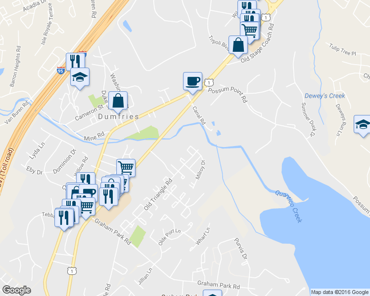map of restaurants, bars, coffee shops, grocery stores, and more near 3653 Dahlgren Place in Dumfries