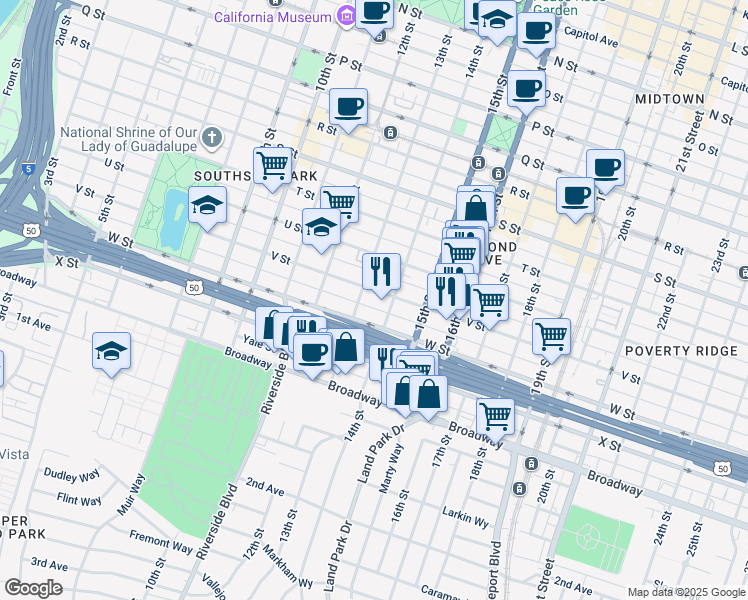 map of restaurants, bars, coffee shops, grocery stores, and more near 2216 14th Street in Sacramento